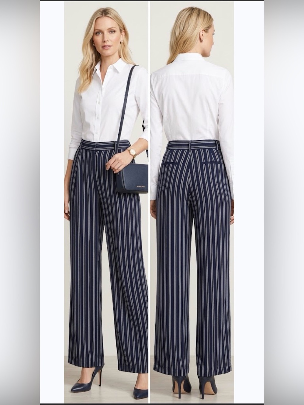 Michael Kors Navy and White Vertical-Striped Wide-Leg Pants Size M